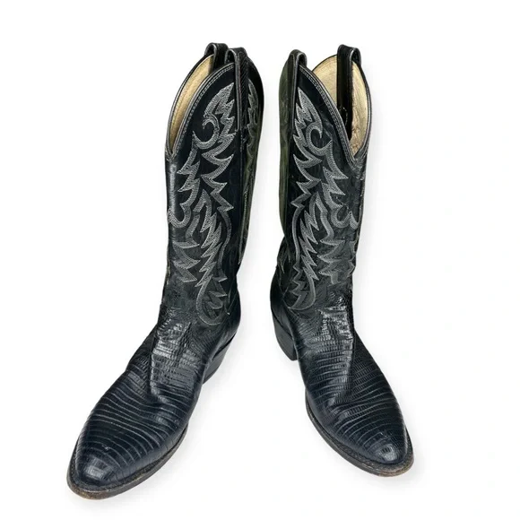 Dan Post Men’s Black Leather Cowboy Boots Size 8 D Great Condition!! Rockabilly - Picture 3 of 9